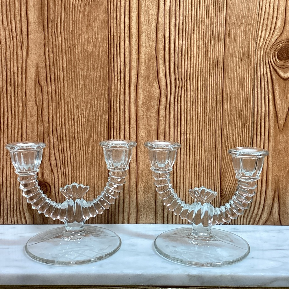 Vintage Paden City Clear Glass Double Candle Holders